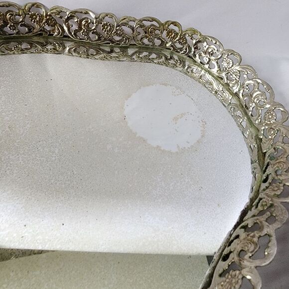 Vintage Ornate Metal Art Deco Vanity Mirrored Tray - Picture 4 of 12